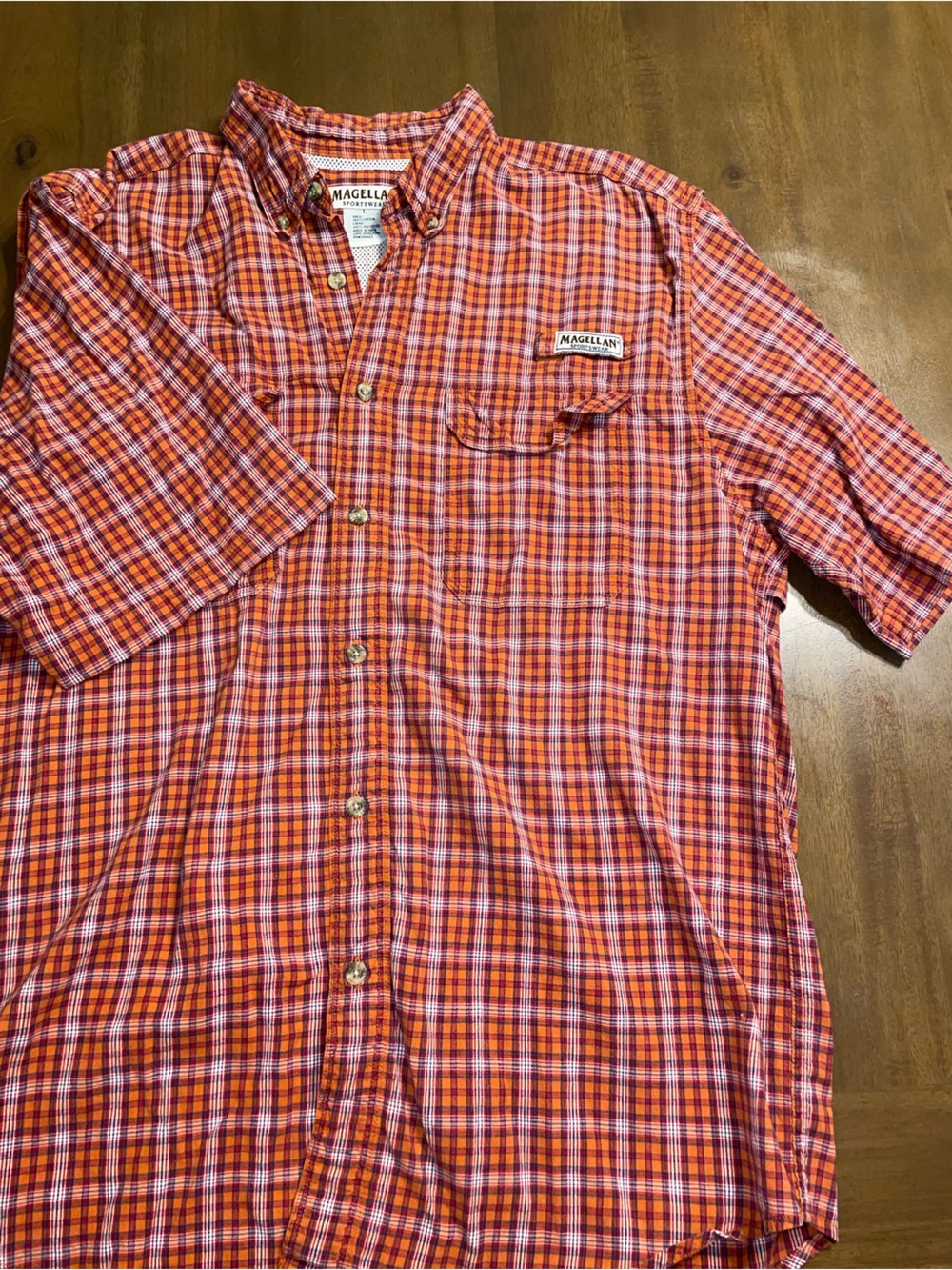 Magellan Outdoors Orange and Purple Plaid Short-Sleeve Button-Down Shirt